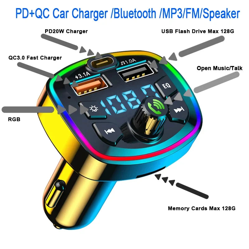 Bluetooth 5.0 Wireless FM Transmitter Car MP3 Player with Dual USB Fast Charger and Hands-Free Audio Receiver