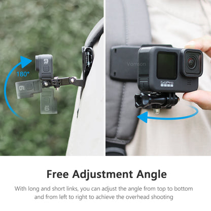 Vamson Backpack Clip for Insta360 X3 and GoPro Hero 11/10/9 - 360° Rotating Shoulder Belt Mount Accessory for DJI Action Cameras